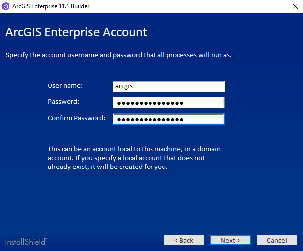 Specify the account user name and password that all processes will run as. Specify the account user name and password that all processes will run as.