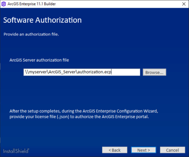 Provide the location for your ArcGIS Server authorization file. Provide the location for your ArcGIS Server authorization file.