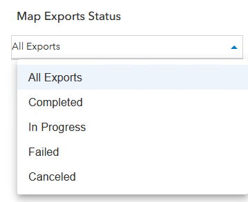 The filter options for exports in the Map Exports Status pane The filter options for exports in the Map Exports Status pane